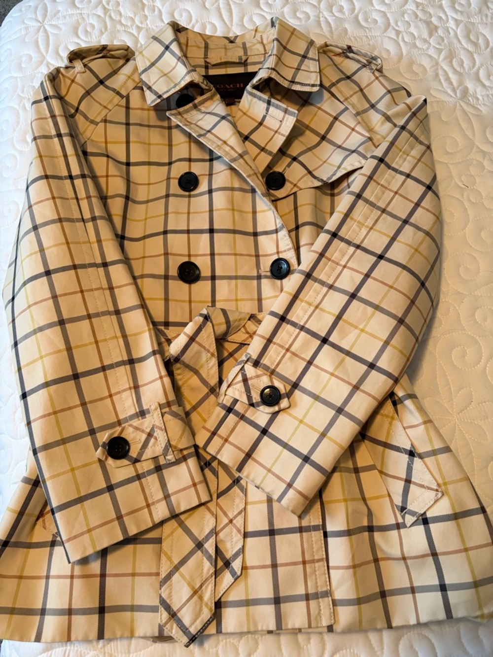 Coach Tan Plaid Double-Breasted Trench Coat
